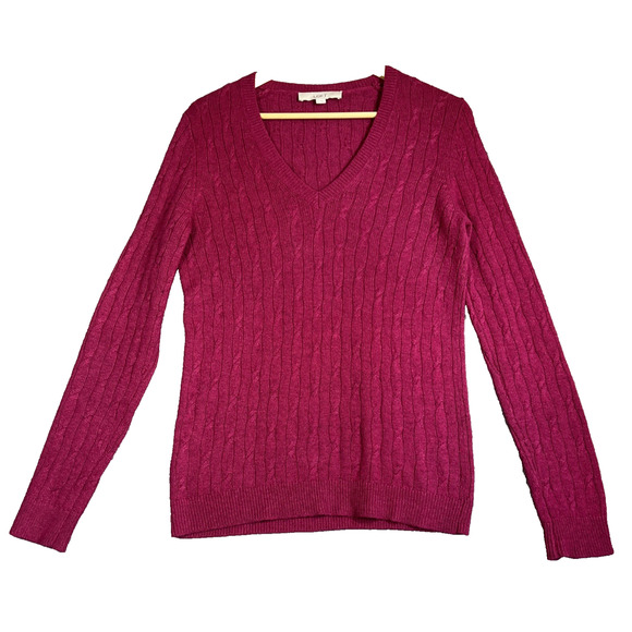 Loft Sweater Small Pink Long Sleeve Cable Knit V Neck Soft Wool Rabbit Blend - Picture 1 of 9